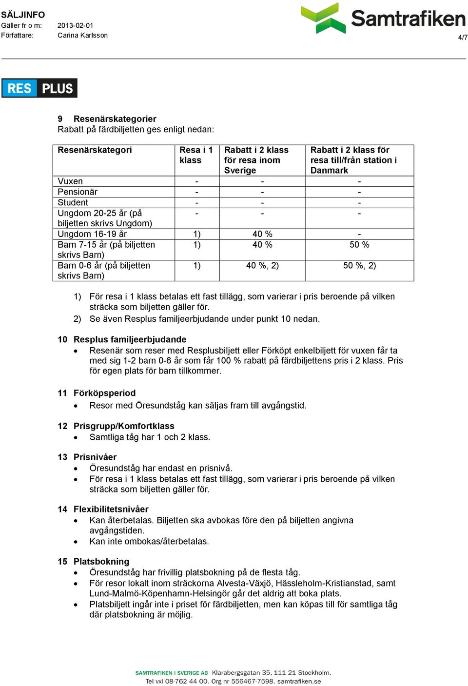 Barn 0-6 år (på biljetten skrivs Barn) 1) 40 %, 2) 50 %, 2) 1) För resa i 1 klass betalas ett fast tillägg, som varierar i pris beroende på vilken sträcka som biljetten gäller för.