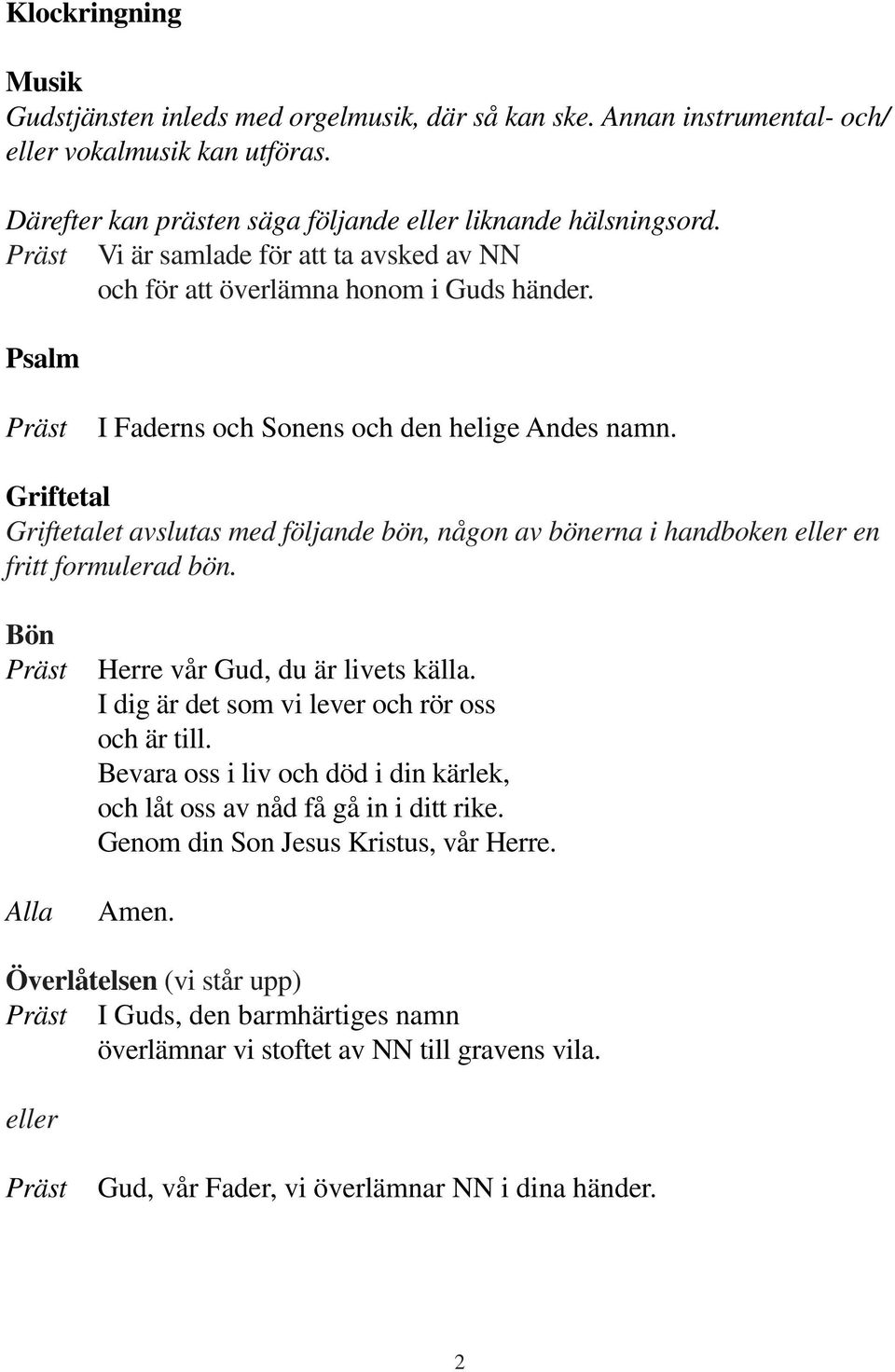 Griftetal Griftetalet avslutas med följande bön, någon av bönerna i handboken eller en fritt formulerad bön. Bön Herre vår Gud, du är livets källa. I dig är det som vi lever och rör oss och är till.