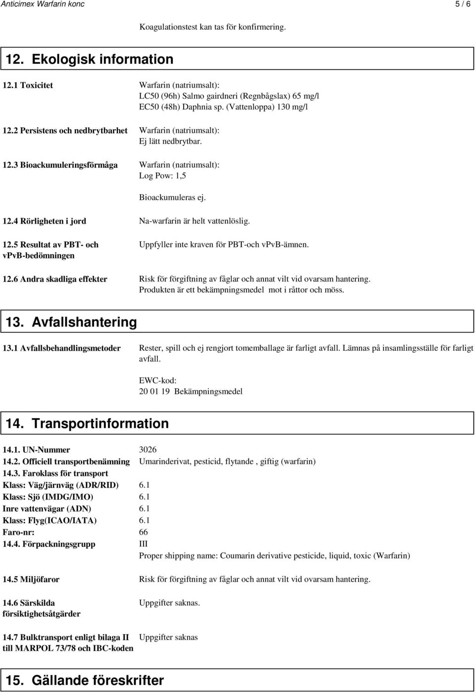 2 Persistens och nedbrytbarhet Warfarin (natriumsalt): Ej lätt nedbrytbar. 12.3 Bioackumuleringsförmåga Warfarin (natriumsalt): Log Pow: 1,5 Bioackumuleras ej. 12.4 Rörligheten i jord Na-warfarin är helt vattenlöslig.