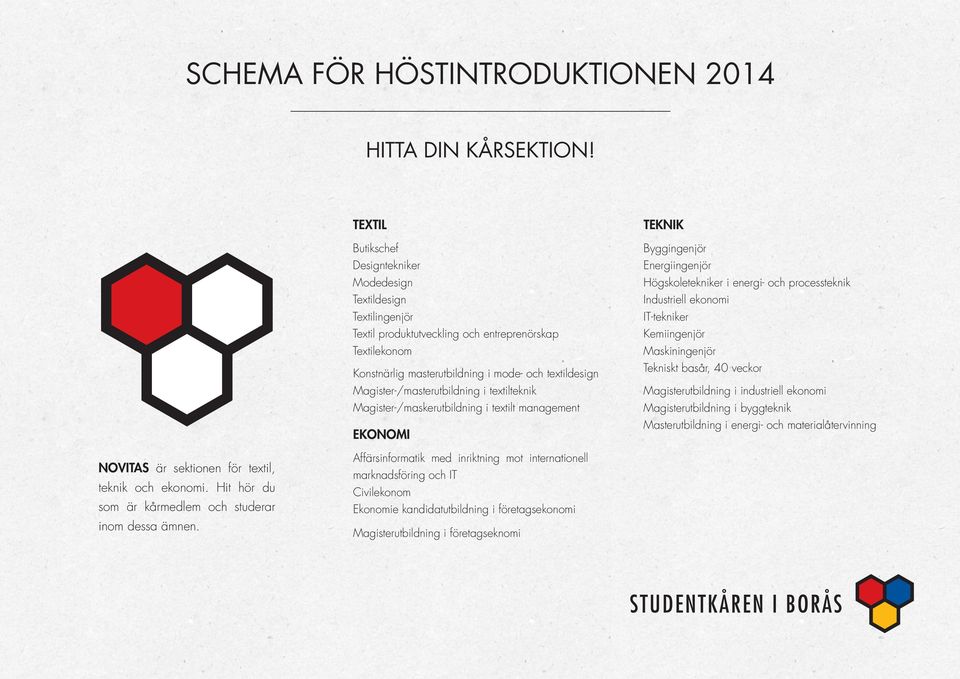 Magister-/masterutbildning i textilteknik Magister-/maskerutbildning i textilt management EKONOMI TEKNIK Byggingenjör Energiingenjör Högskoletekniker i energi- och processteknik Industriell ekonomi