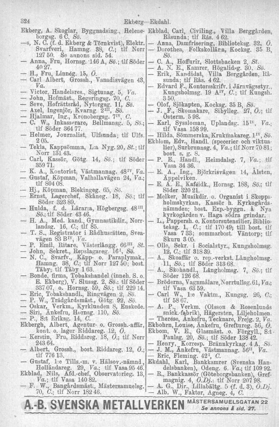 '146 A, Bä. i tlf Söder - C. A., Hoffurir. Slotts backen 2, St. 4027.' - A. N. E., Kamrer, Högalidsg, 30. Sä. - H., Fru, Linnåg, 15, O. - Erik, Kandidat, Villa Berggården, Hå- - Carl Albert, Grossh.