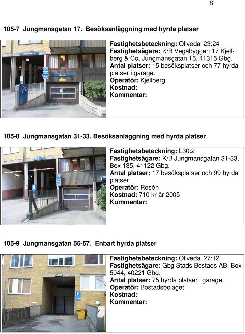 Antal platser: 15 besöksplatser och 77 hyrda platser i garage. Kjellberg 105-8 Jungmansgatan 31-33.