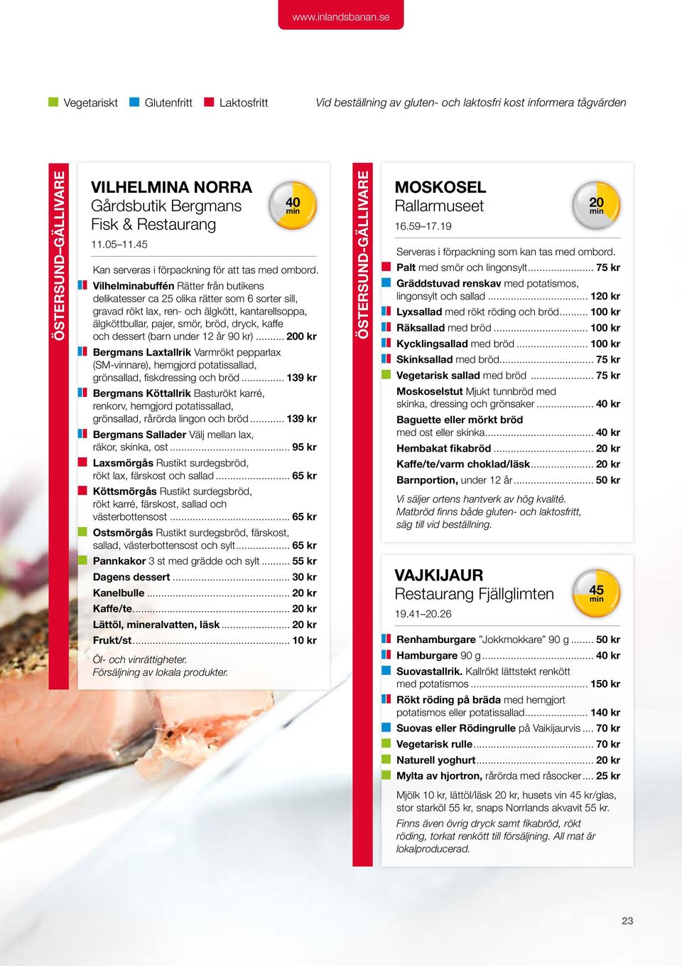 Vilhelabuffén Rätter från butikens delikatesser ca 25 olika rätter som 6 sorter sill, gravad rökt lax, ren- och älgkött, kantarellsoppa, älgköttbullar, pajer, smör, bröd, dryck, kaffe och dessert