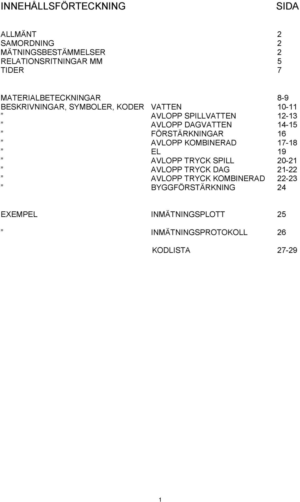 DAGVATTEN 14-15 FÖRSTÄRKNINGAR 16 AVLOPP KOMBINERAD 17-18 EL 19 AVLOPP TRYCK SPILL 20-21 AVLOPP TRYCK DAG