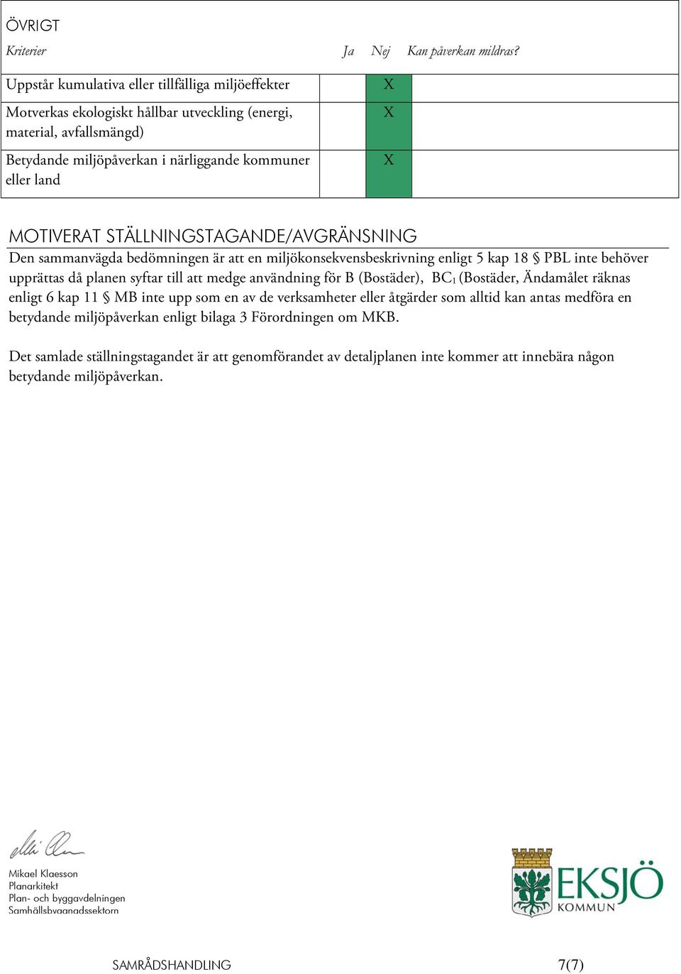 BC 1 (Bostäder, Ändamålet räknas enligt 6 kap 11 MB inte upp som en av de verksamheter eller åtgärder som alltid kan antas medföra en betydande miljöpåverkan enligt bilaga 3 Förordningen om MKB.