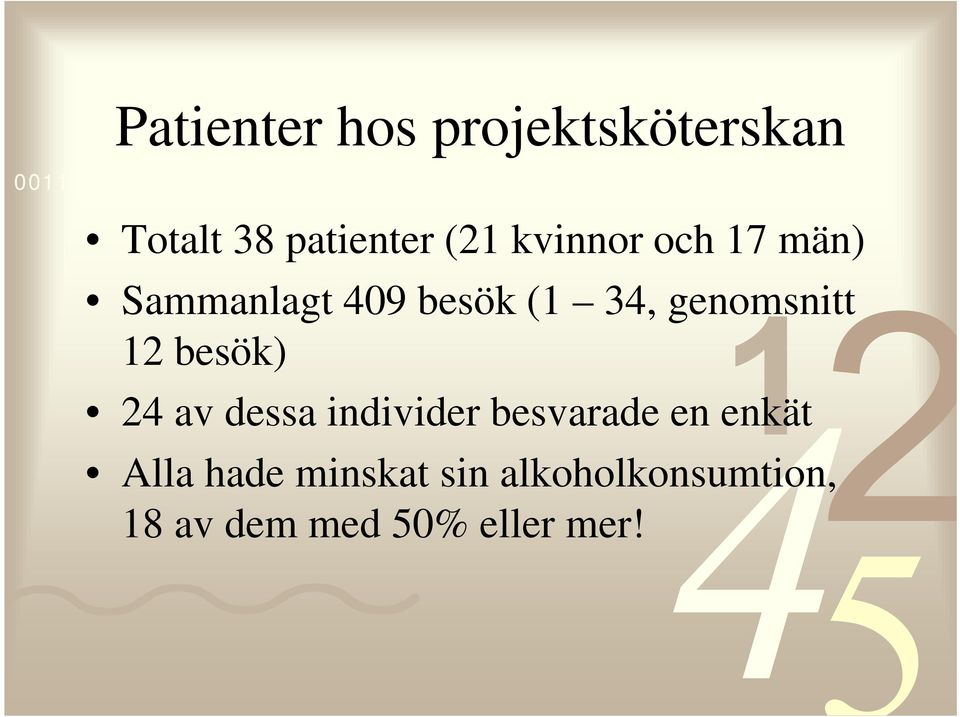 34, genomsnitt 12 besök) 24 av dessa individer besvarade en enkät