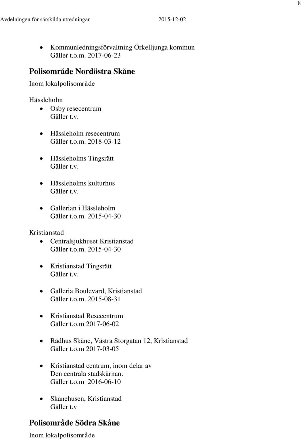 Boulevard, Kristianstad Gäller t.o.m. 20150831 Kristianstad Resecentrum Gäller t.o.m 20170602 Rådhus Skåne, Västra Storgatan 12, Kristianstad Gäller t.o.m 20170305 Kristianstad centrum, inom delar av Den centrala stadskärnan.