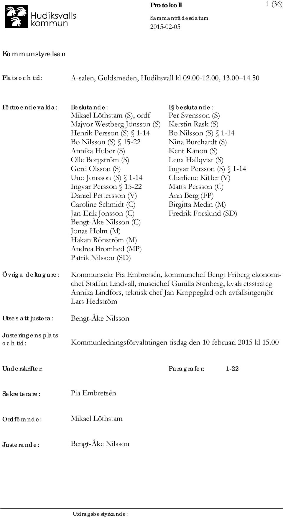 Uno Jonsson (S) 1-14 Ingvar Persson 15-22 Daniel Pettersson (V) Caroline Schmidt (C) Jan-Erik Jonsson (C) Bengt-Åke Nilsson (C) Jonas Holm (M) Håkan Rönström (M) Andrea Bromhed (MP) Patrik Nilsson