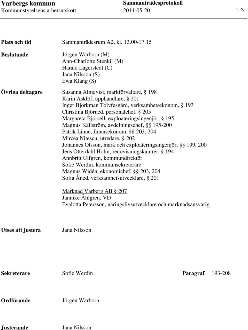Inger Björkman Tolvfesgård, verksamhetsekonom, 193 Christina Björned, personalchef, 205 Margareta Björsell, exploateringsingenjör, 195 Magnus Källström, avdelningschef, 195-200 Patrik Linné,