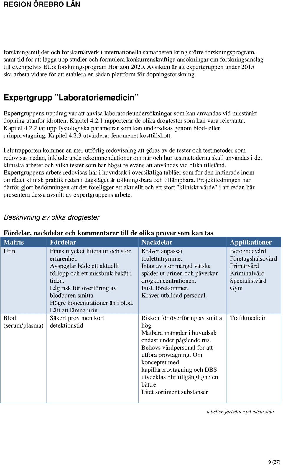 Expertgrupp Laboratoriemedicin Expertgruppens uppdrag var att anvisa laboratorieundersökningar som kan användas vid misstänkt dopning utanför idrotten. Kapitel 4.2.