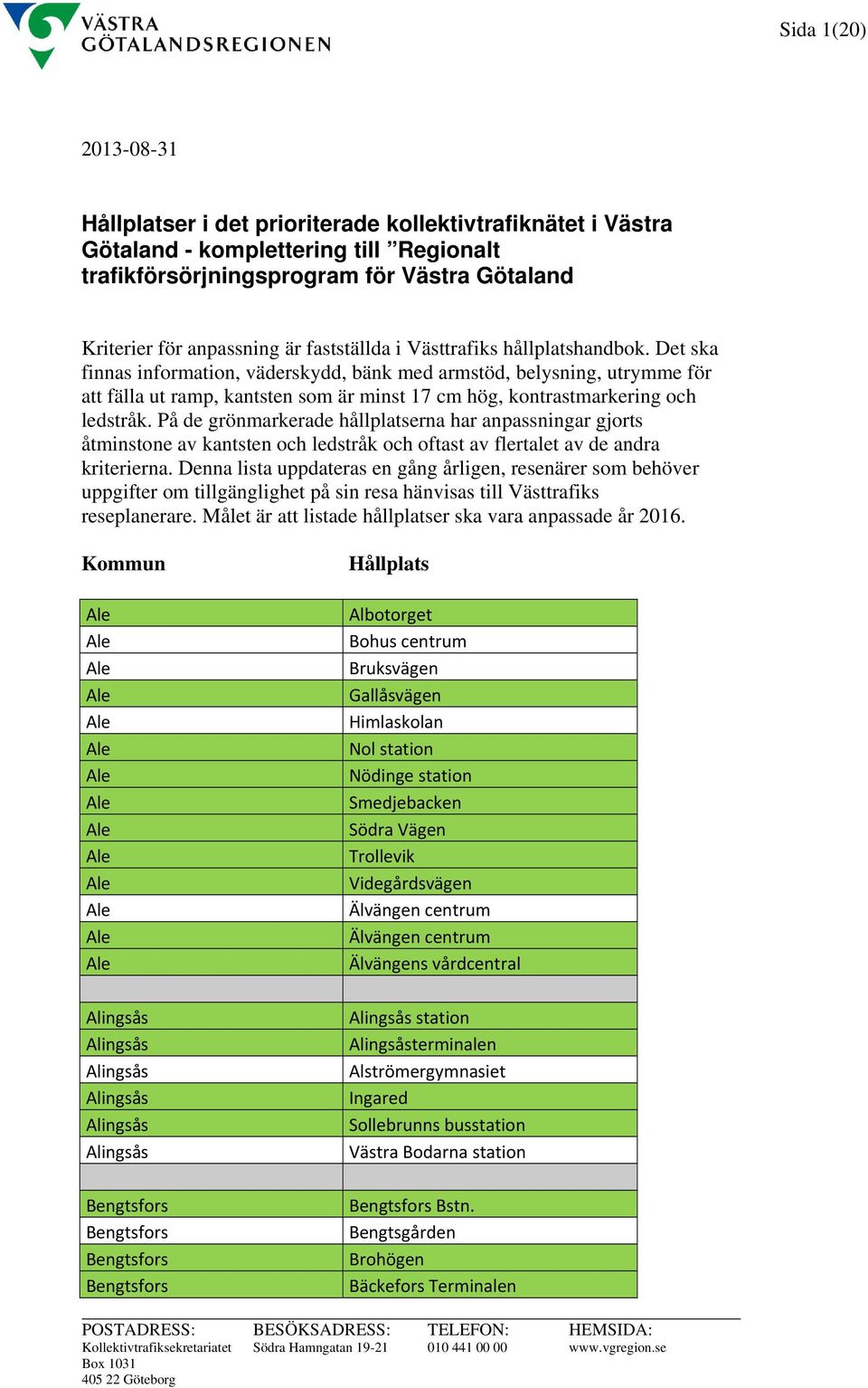 Det ska finnas information, väderskydd, bänk med armstöd, belysning, utrymme för att fälla ut ramp, kantsten som är minst 17 cm hög, kontrastmarkering och ledstråk.