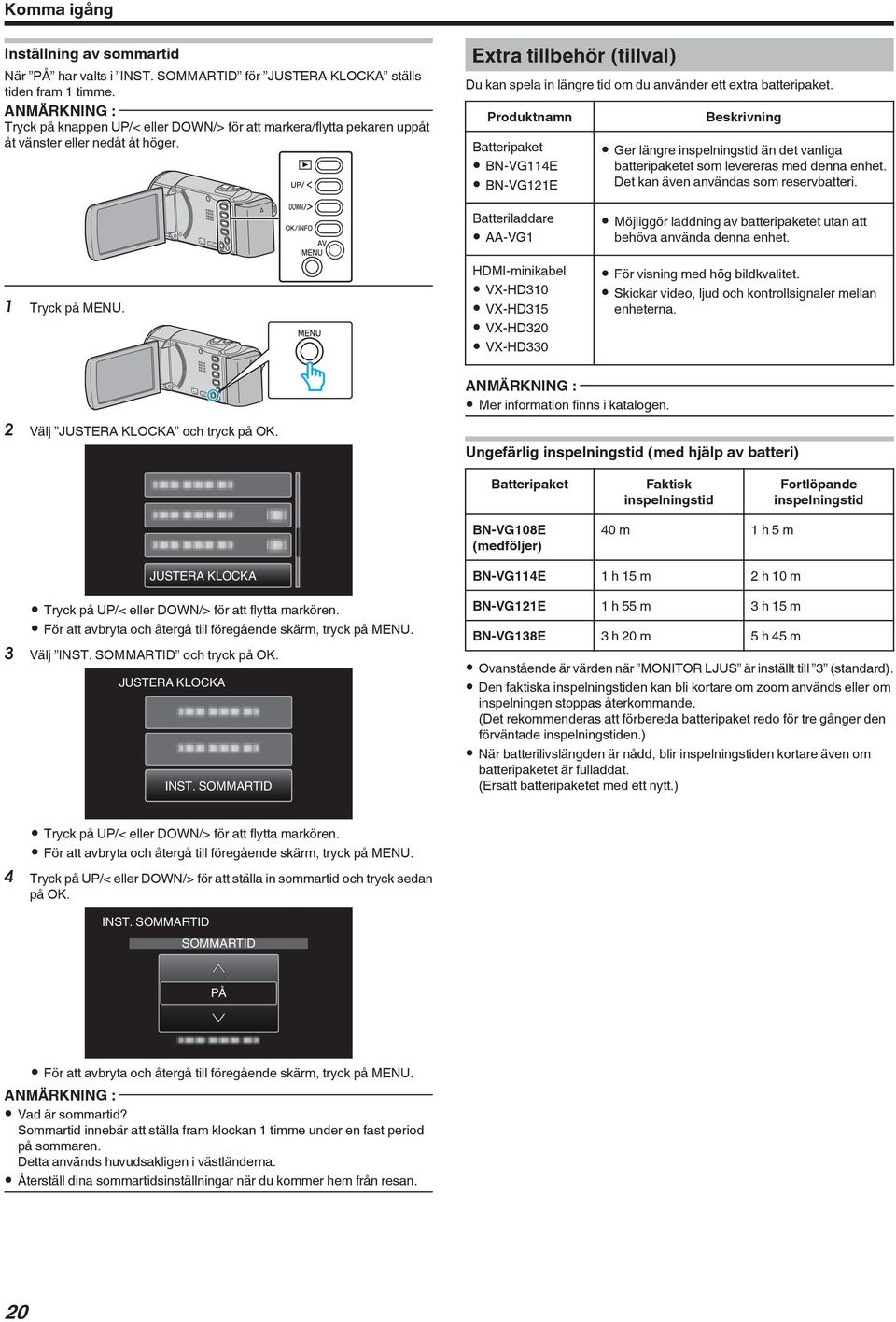 även användas som reservbatteri 1 Tryck på MENU Batteriladdare 0 AA-VG1 HDMI-minikabel 0 VX-HD310 0 VX-HD315 0 VX-HD320 0 VX-HD330 0 Möjliggör laddning av batteripaketet utan att behöva använda denna