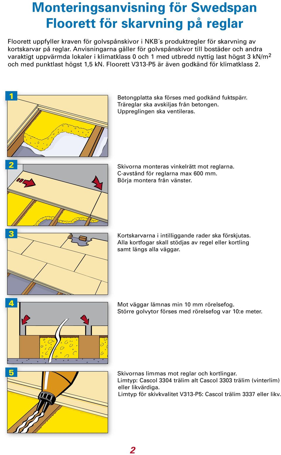 Floorett V313-P5 är även godkänd för klimatklass 2. 1 Betongplatta ska förses med godkänd fuktspärr. Träreglar ska avskiljas från betongen. Uppreglingen ska ventileras.