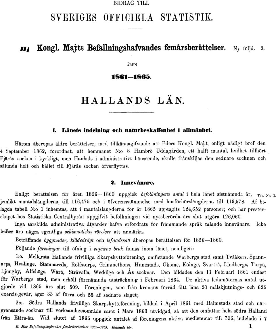 Maj:t, enligt nådigt bref den 4 September 1862, förordnat, att hemmanet N:o 8 Hambrö Uddagården, ett hälft mantal, hvilket tillhört Fjärås socken i kyrkligt, men Hanhals i administrativt hänseende,