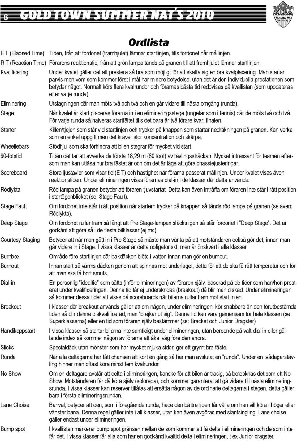 Kvalificering Eliminering Stege Starter Wheeliebars 60-fotstid Scoreboard Rödlykta Stage Fault Deep Stage Courtesy Staging Burnbox Burnout Dial-in Breakout Handikappstart Slicks Runda No Show Lane