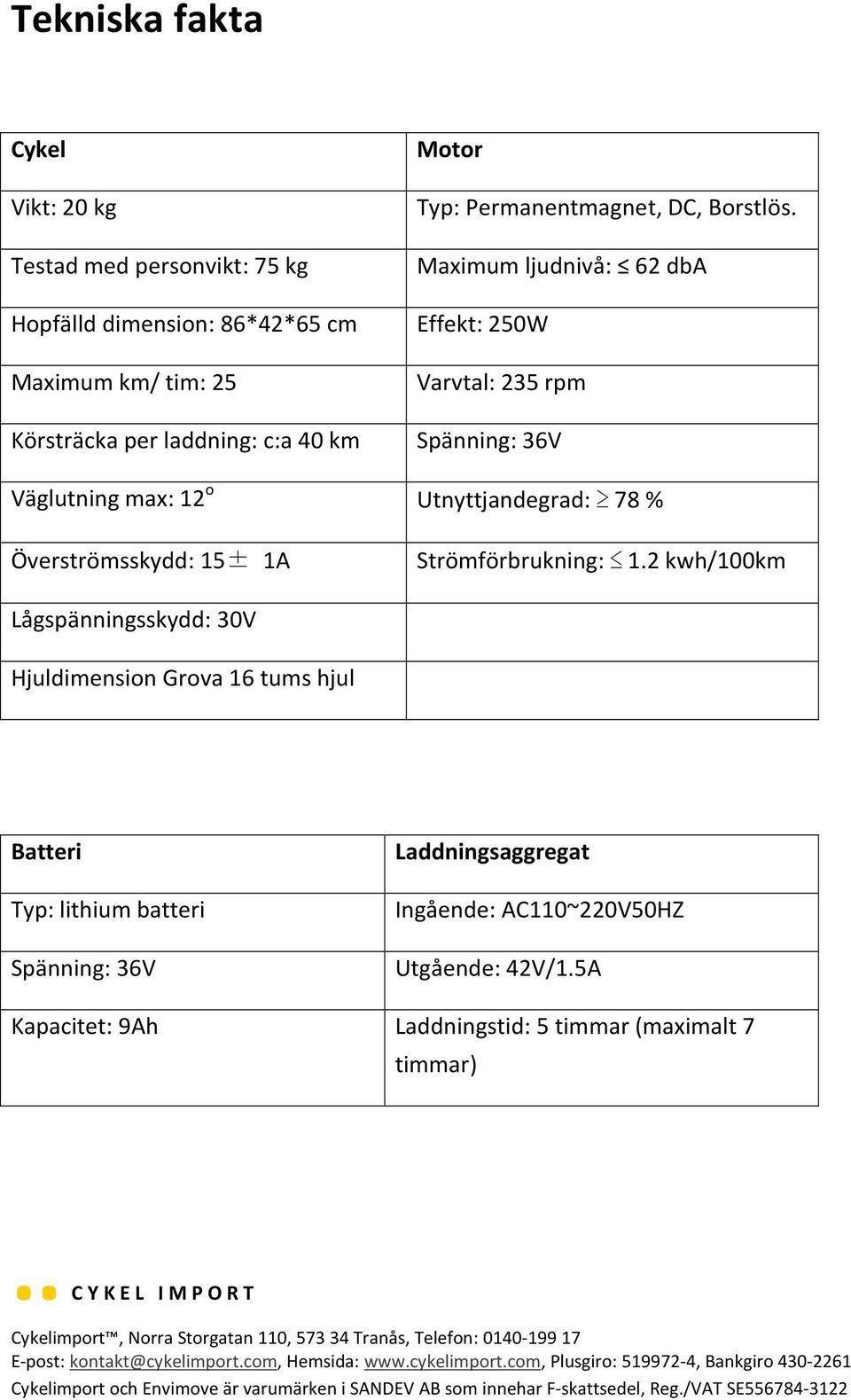 Maximum ljudnivå: 62 dba Effekt: 250W Varvtal: 235 rpm Spänning: 36V Väglutning max: 12 o Utnyttjandegrad: 78 % Överströmsskydd: 15± 1A