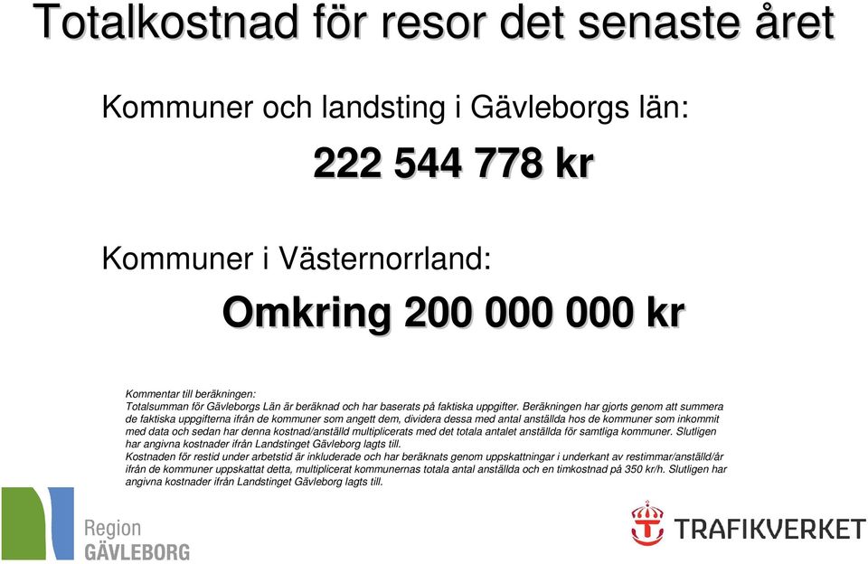 Beräkningen har gjorts genom att summera de faktiska uppgifterna ifrån de kommuner som angett dem, dividera dessa med antal anställda hos de kommuner som inkommit med data och sedan har denna