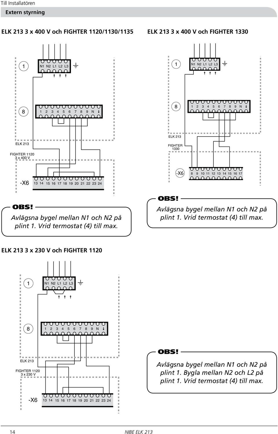 N2 på plint. Vrid termostat (4) till max. Avlägsna bygel mellan N och N2 på plint. Vrid termostat (4) till max. ELK 3 x 0 V och FIGHTER 20 N N2 L L2 L3 2 3 4 5 6 7 9 N ELK FIGHTER 20 3 x 0 V Avlägsna bygel mellan N och N2 på plint.