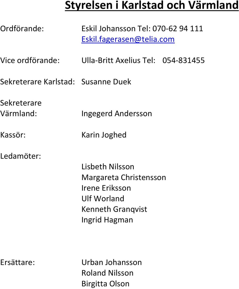 Värmland: Kassör: Ledamöter: Ingegerd Andersson Karin Joghed Lisbeth Nilsson Margareta Christensson Irene