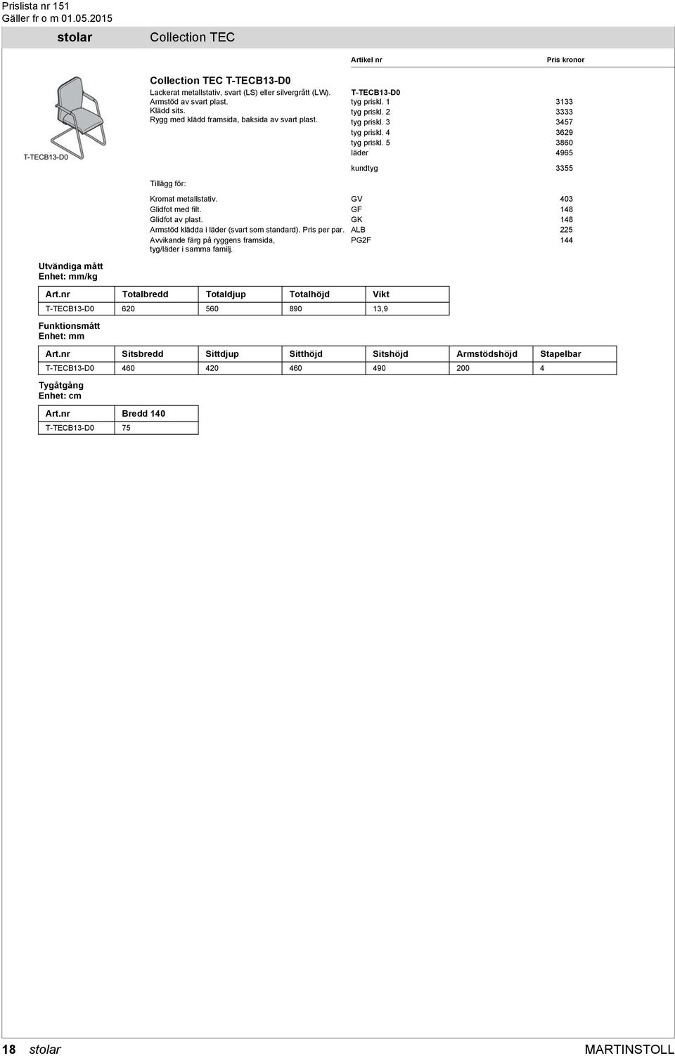 5 3860 läder 4965 kundtyg 3355 Kromat metallstativ. GV 403 Glidfot av plast. GK 148 Armstöd klädda i läder (svart som standard). Pris per par.