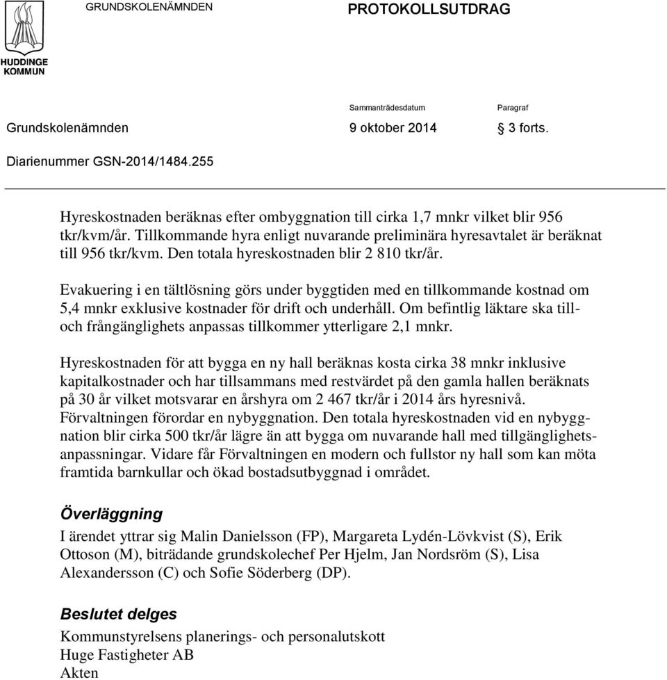 Den ttala hyreskstnaden blir 2 810 tkr/år. Evakuering i en tältlösning görs under byggtiden med en tillkmmande kstnad m 5,4 mnkr exklusive kstnader för drift ch underhåll.