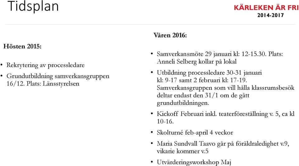 Plats: Anneli Selberg kollar på lokal Utbildning processledare 30-31 januari kl: 9-17 samt 2 februari kl: 17-19.