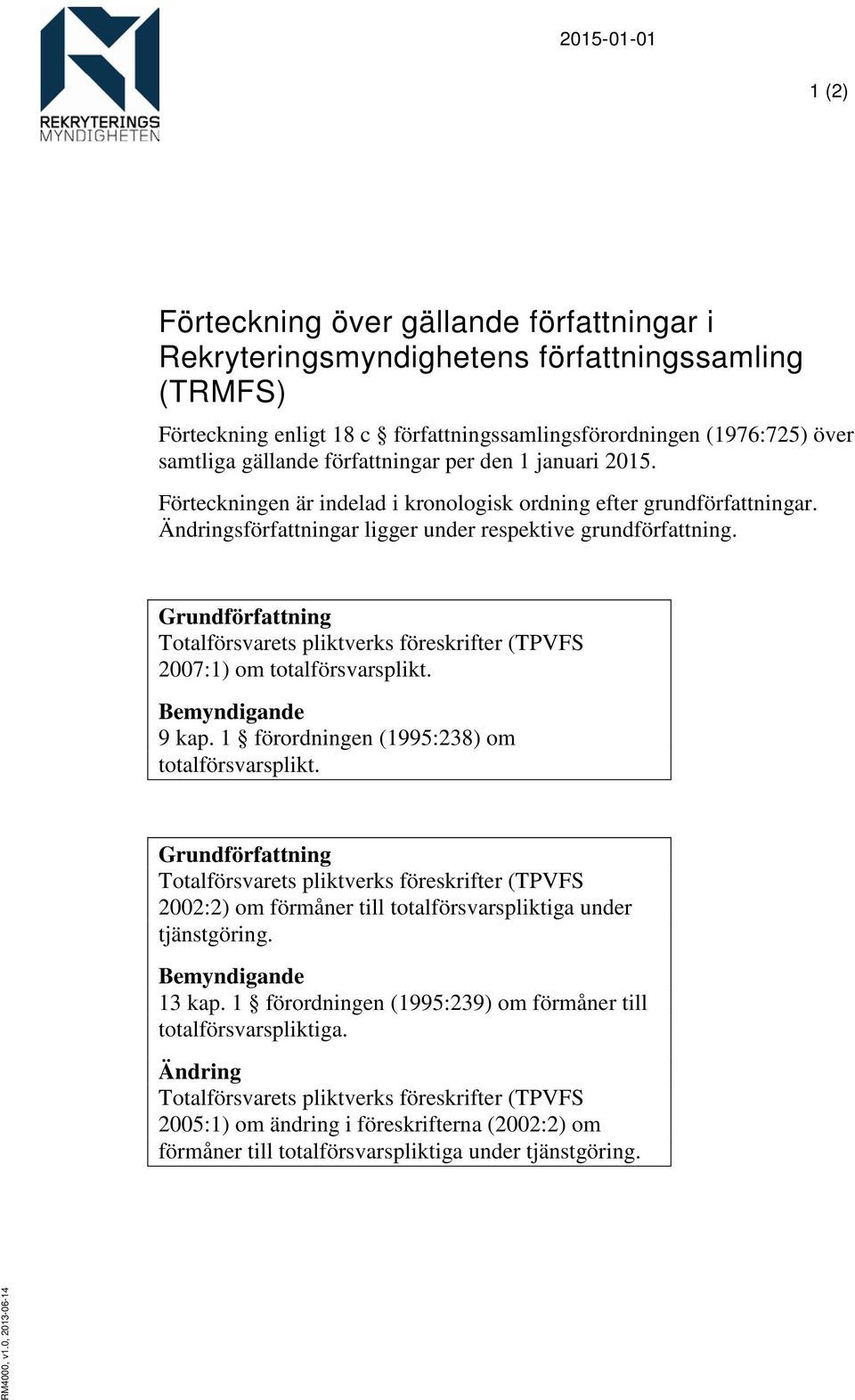 Grundförfattning Totalförsvarets pliktverks föreskrifter (TPVFS 27:1) om totalförsvarsplikt. Bemyndigande 9 kap. 1 förordningen (1995:238) om totalförsvarsplikt.