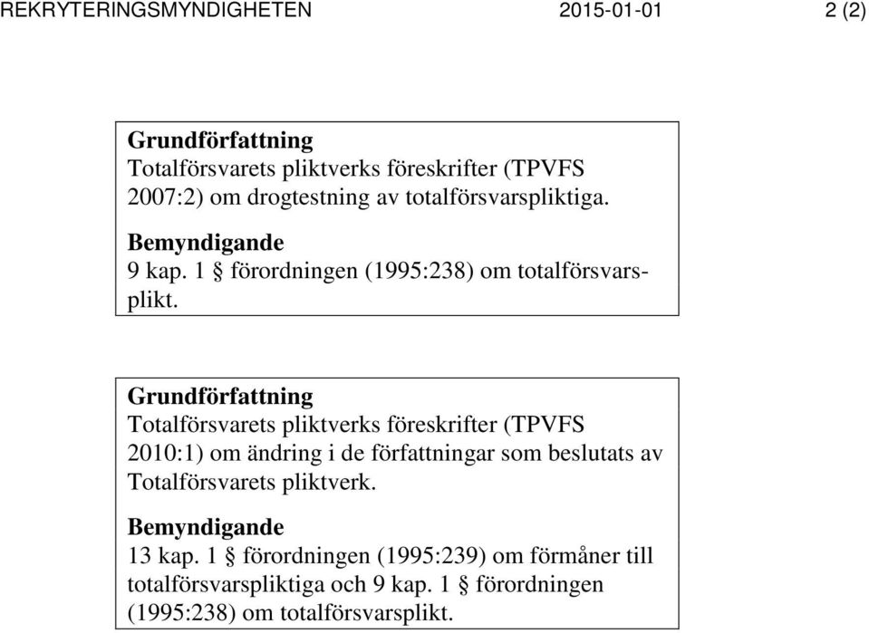 Grundförfattning Totalförsvarets pliktverks föreskrifter (TPVFS 21:1) om ändring i de författningar som beslutats av