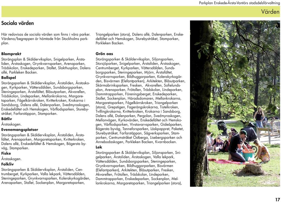 Blomprakt Storängsplan & Skälderviksplan, Snigelparken, Årstaliden, Årstaskogen, Grynkvarnsparken, Arenaparken, Trädskolan, Enskedeparken, Stallet, Slakthusplan, Dalens allé, Parkleken Backen.