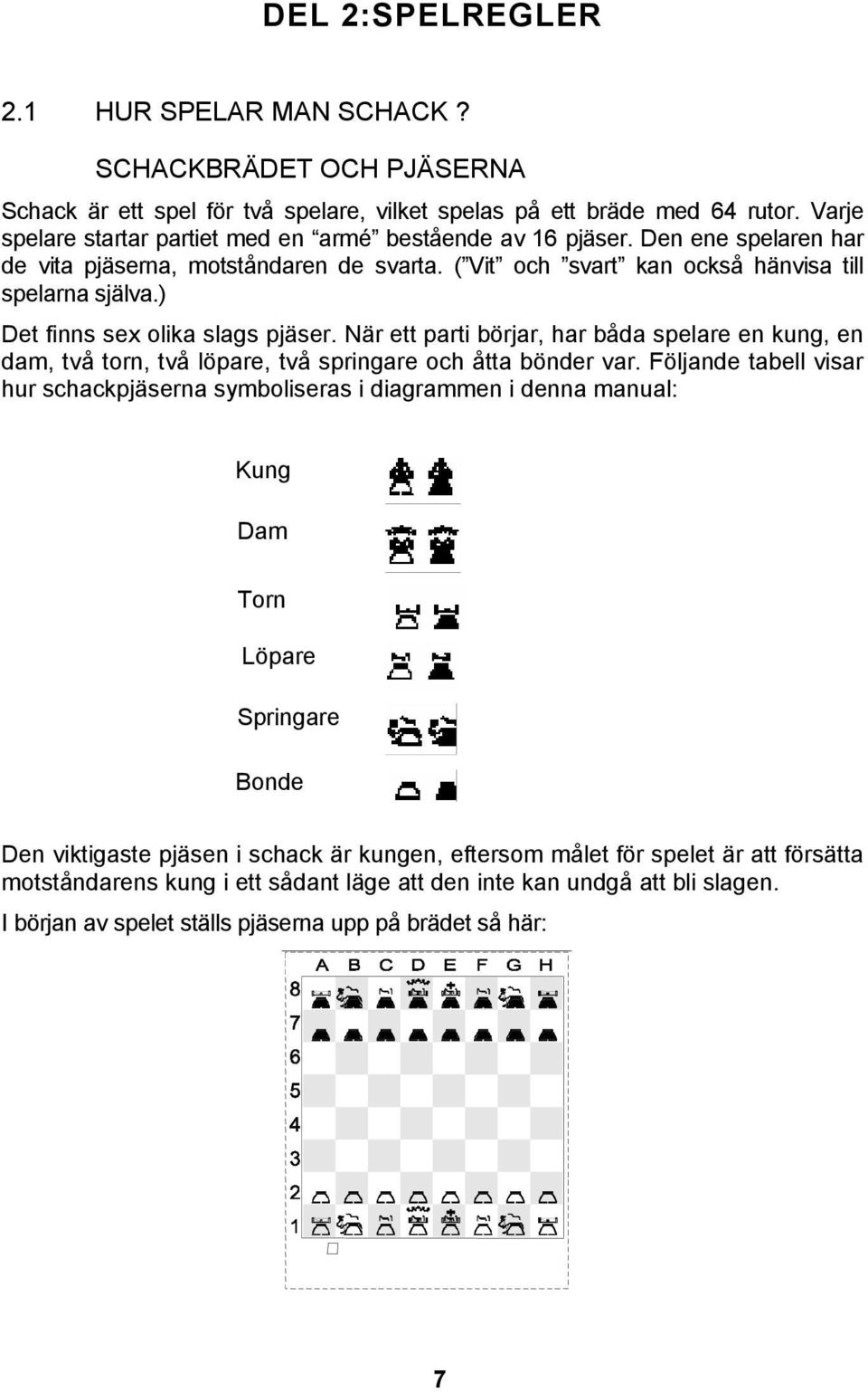 ) Det finns sex olika slags pjäser. När ett parti börjar, har båda spelare en kung, en dam, två torn, två löpare, två springare och åtta bönder var.