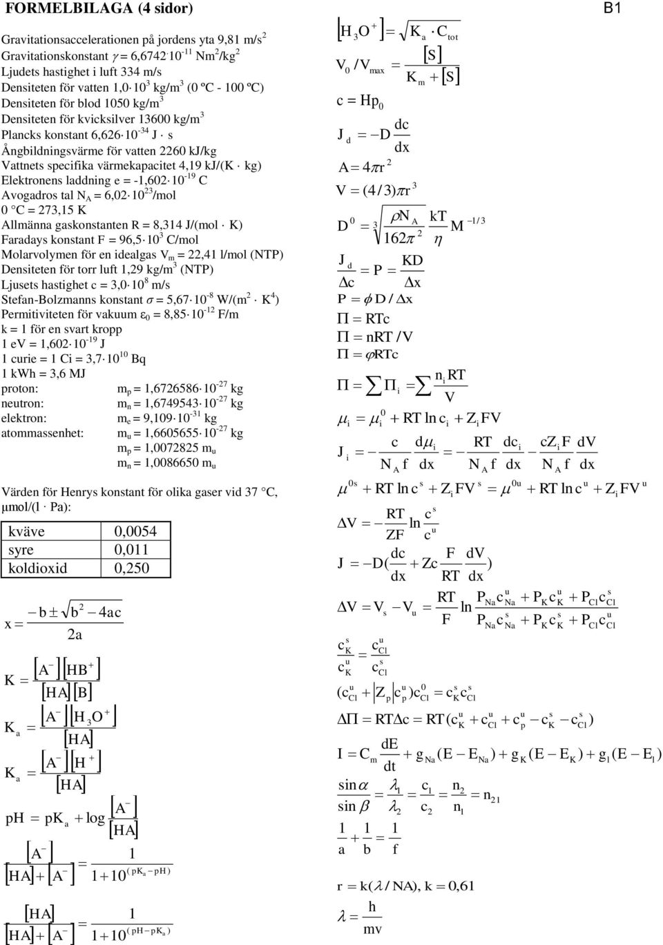 för vatten 60 kj/kg Vattnet pecifika värmekapacitet 4,9 kj/(k kg) Elektronen laddning e = -,60 0-9 C vogadro tal N = 6,0 0 3 /mol 0 C = 73,5 K llmänna gakontanten R = 8,34 J/(mol K) Faraday kontant F