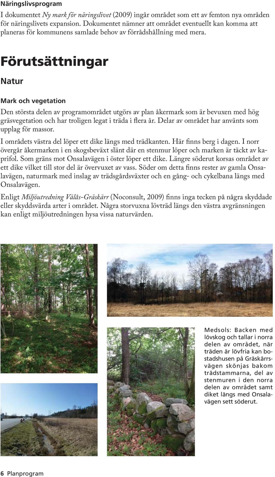 Förutsättningar Natur Mark och vegetation Den största delen av programområdet utgörs av plan åkermark som är bevuxen med hög gräsvegetation och har troligen legat i träda i flera år.