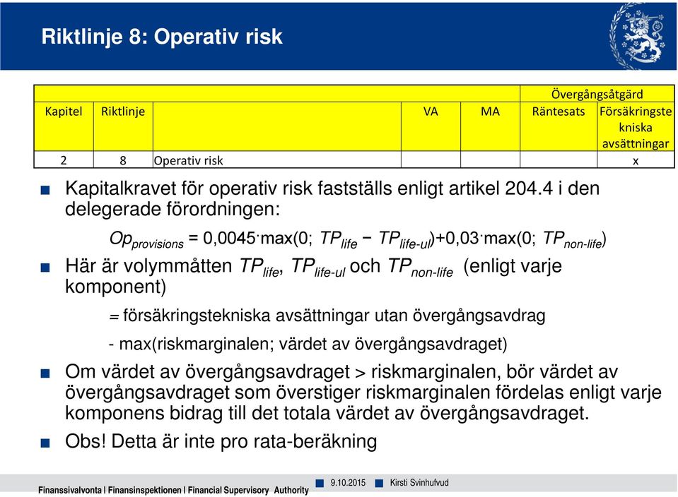 försäkringstekniska avsättningar utan övergångsavdrag - max(riskmarginalen; värdet av övergångsavdraget) Om värdet av övergångsavdraget > riskmarginalen, bör värdet av övergångsavdraget som