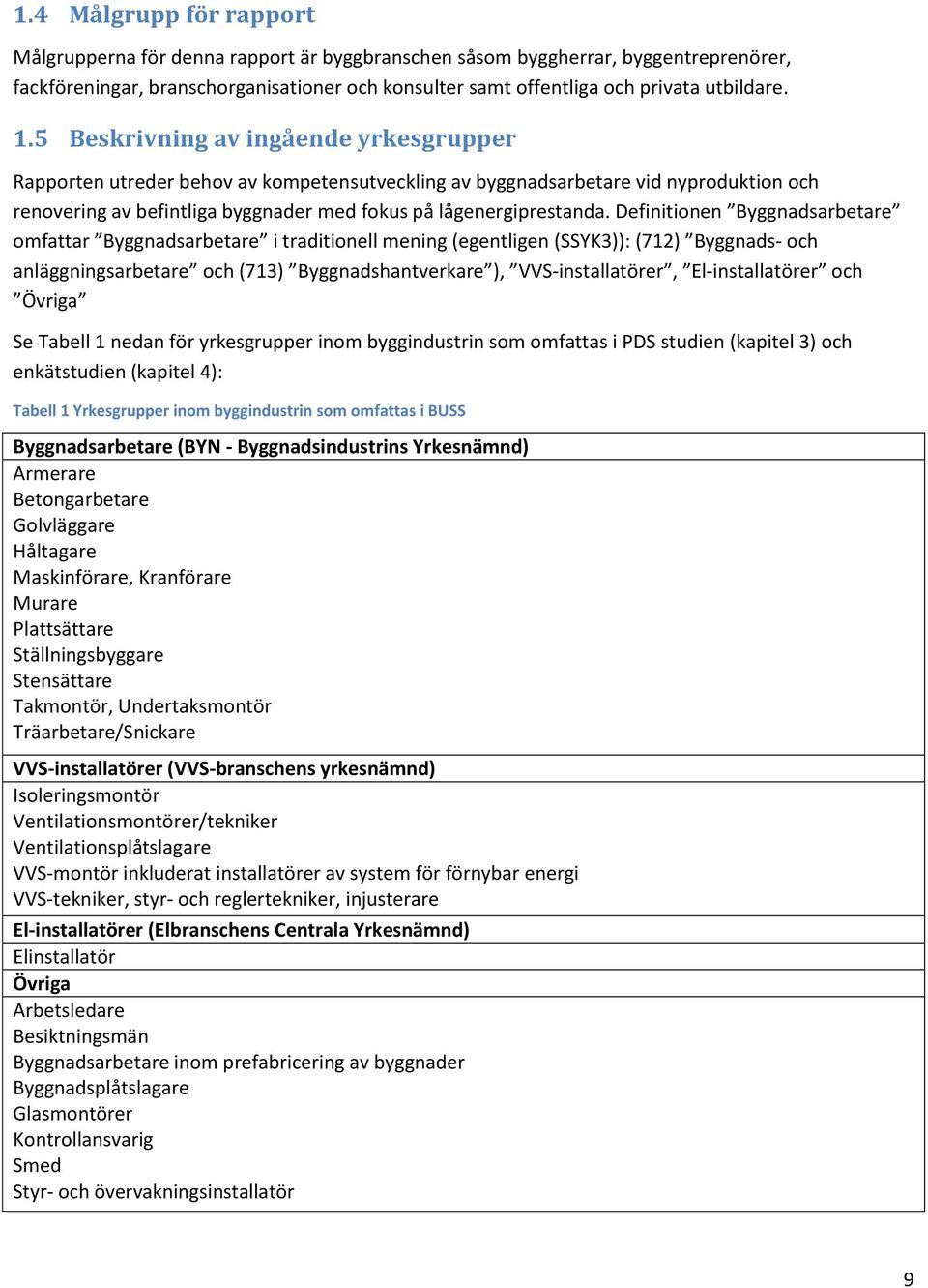 Definitionen Byggnadsarbetare omfattar Byggnadsarbetare i traditionell mening (egentligen (SSYK3)): (712) Byggnads- och anläggningsarbetare och (713) Byggnadshantverkare ), VVS-installatörer,