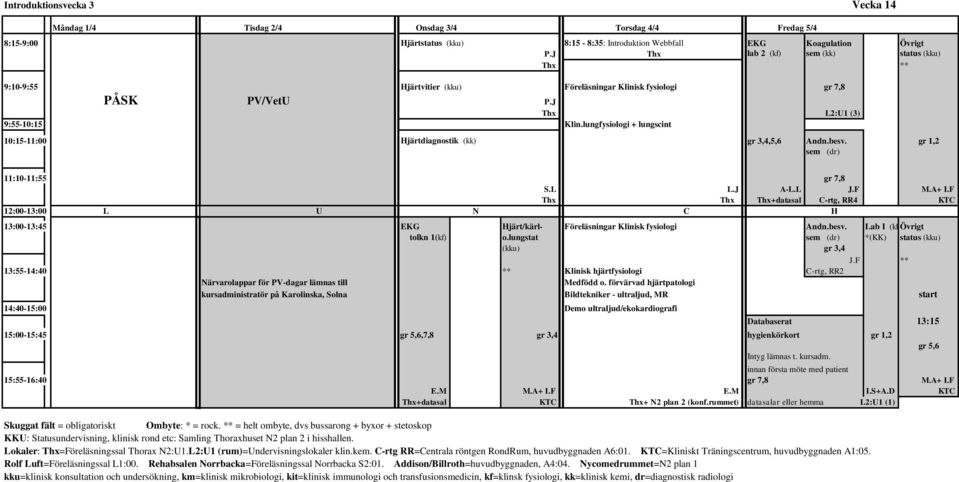 lungfysiologi + lungscint 10:15-11:00 Hjärtdiagnostik (kk) gr 3,4,5,6 Andn.besv. gr 1,2 sem (dr) 11:10-11:55 gr 7,8 S.L L.J A-L.L J.F M.A+ I.