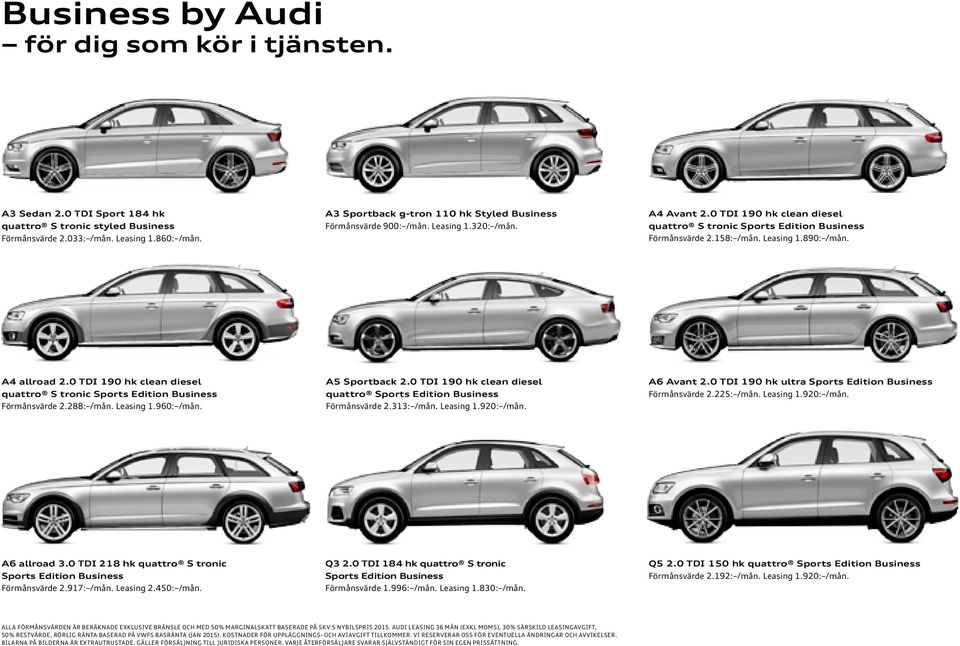 Leasing 1.890: /mån. A4 allroad 2.0 TDI 190 hk clean diesel quattro S tronic Sports Edition Business Förmånsvärde 2.288: /mån. Leasing 1.960: /mån. A5 Sportback 2.