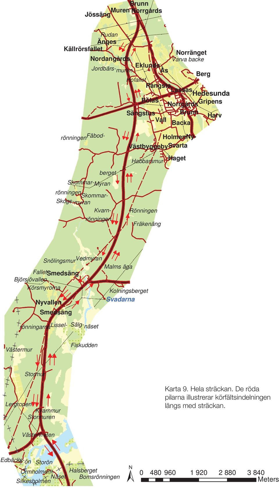 rönningenfäbod- berget Skommar-Myran rönningen Skommarrönningen Skogs-myran Kvarn- rönningarnalissel- Sälg- näset Västermur Fiskudden Stormur Lergropen Kvarnmur Stormuren Karta 9. Hela sträckan.