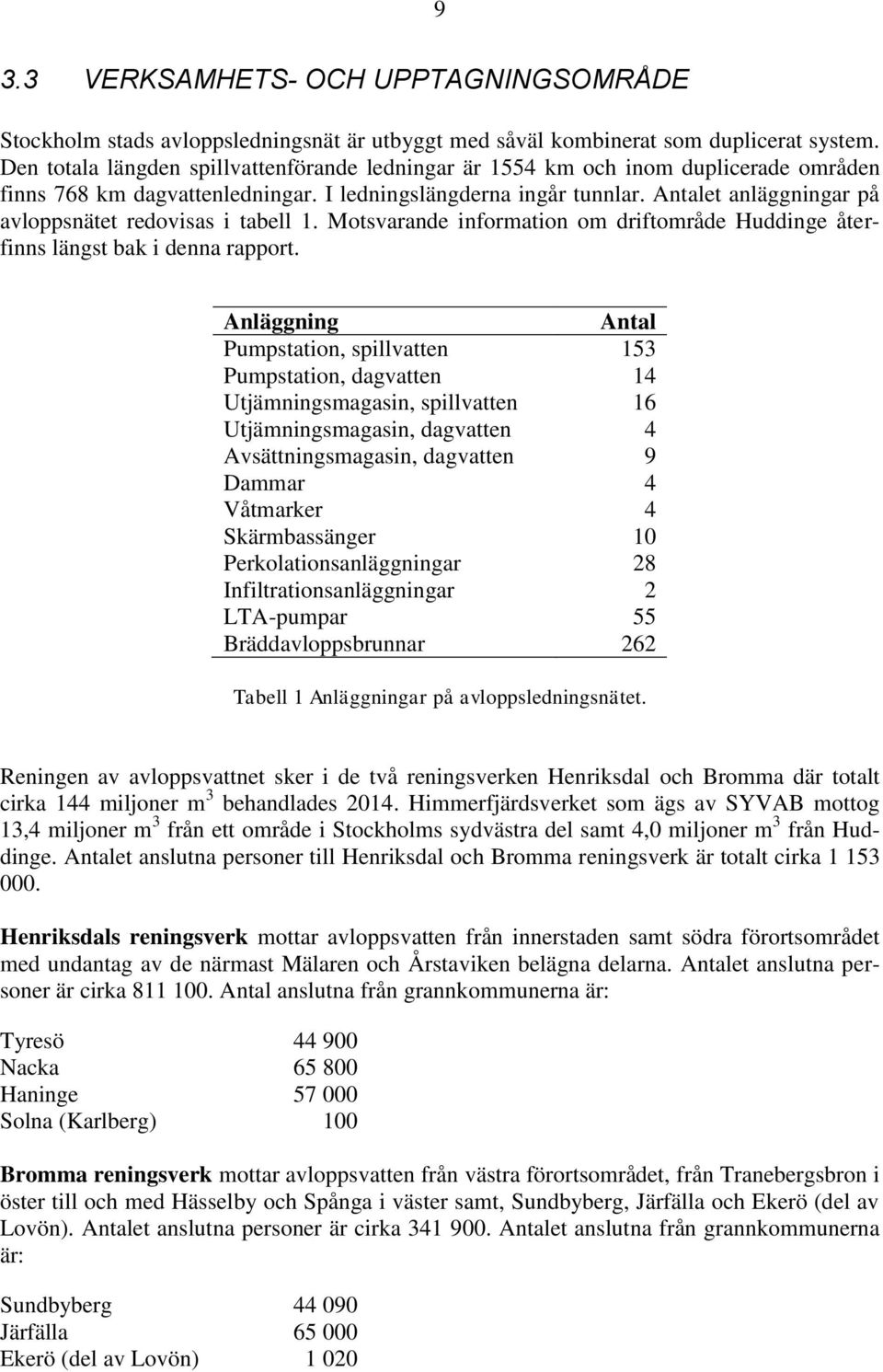 Antalet anläggningar på avloppsnätet redovisas i tabell 1. Motsvarande information om driftområde Huddinge återfinns längst bak i denna rapport.