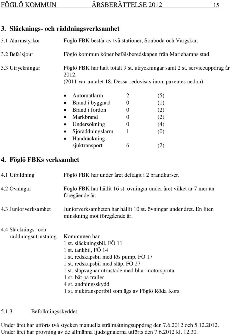 Föglö FBKs verksamhet Automatlarm 2 (5) Brand i byggnad 0 (1) Brand i fordon 0 (2) Markbrand 0 (2) Undersökning 0 (4) Sjöräddningslarm 1 (0) Handräckningsjuktransport 6 (2) 4.