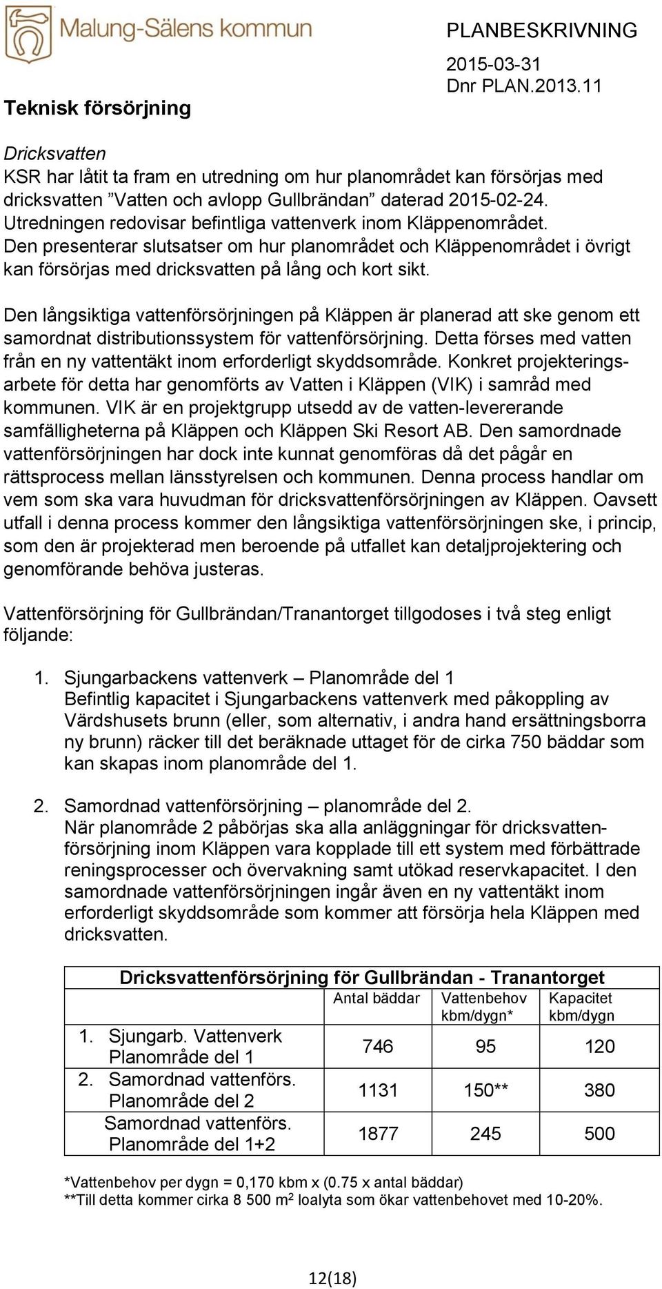Den långsiktiga vattenförsörjningen på Kläppen är planerad att ske genom ett samordnat distributionssystem för vattenförsörjning.