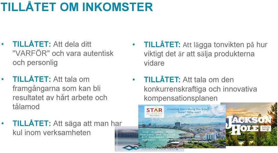 tonvikten på hur viktigt det är att sälja produkterna vidare TILLÅTET: Att tala om den