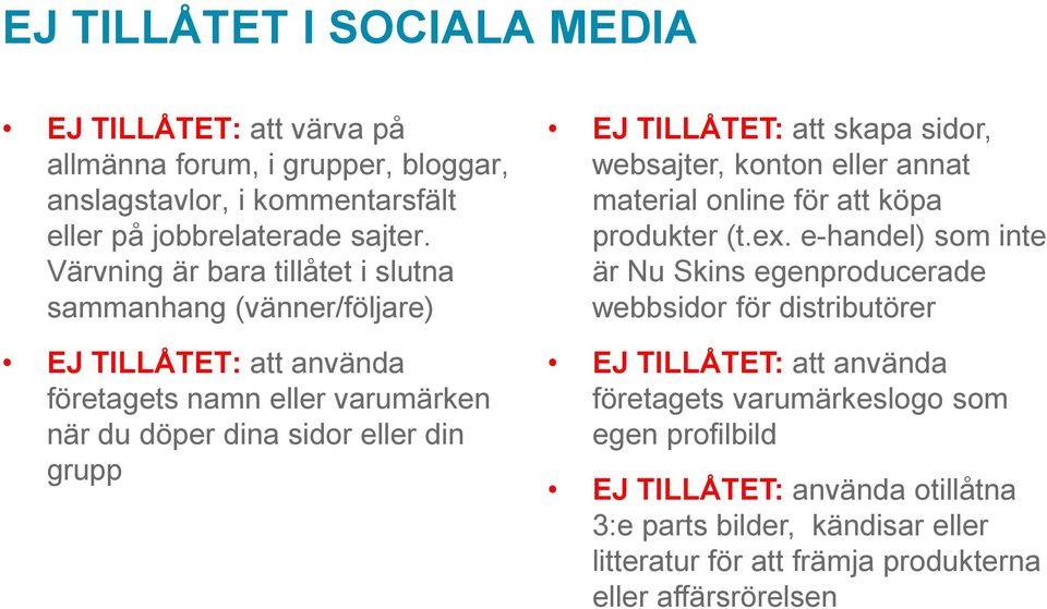 TILLÅTET: att skapa sidor, websajter, konton eller annat material online för att köpa produkter (t.ex.