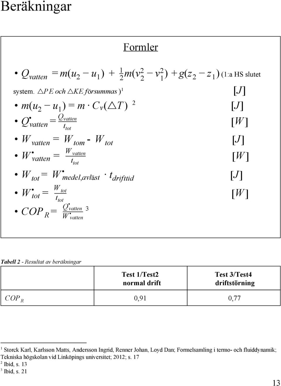 ] J [ ] W [ ] J [ ] W [ ] Tabell 2 Resultat av beräkningar Test 1/Test2 normal drift Test 3/Test4 driftstörning COP R 0,91 0,77 1 Storck Karl, Karlsson Matts,