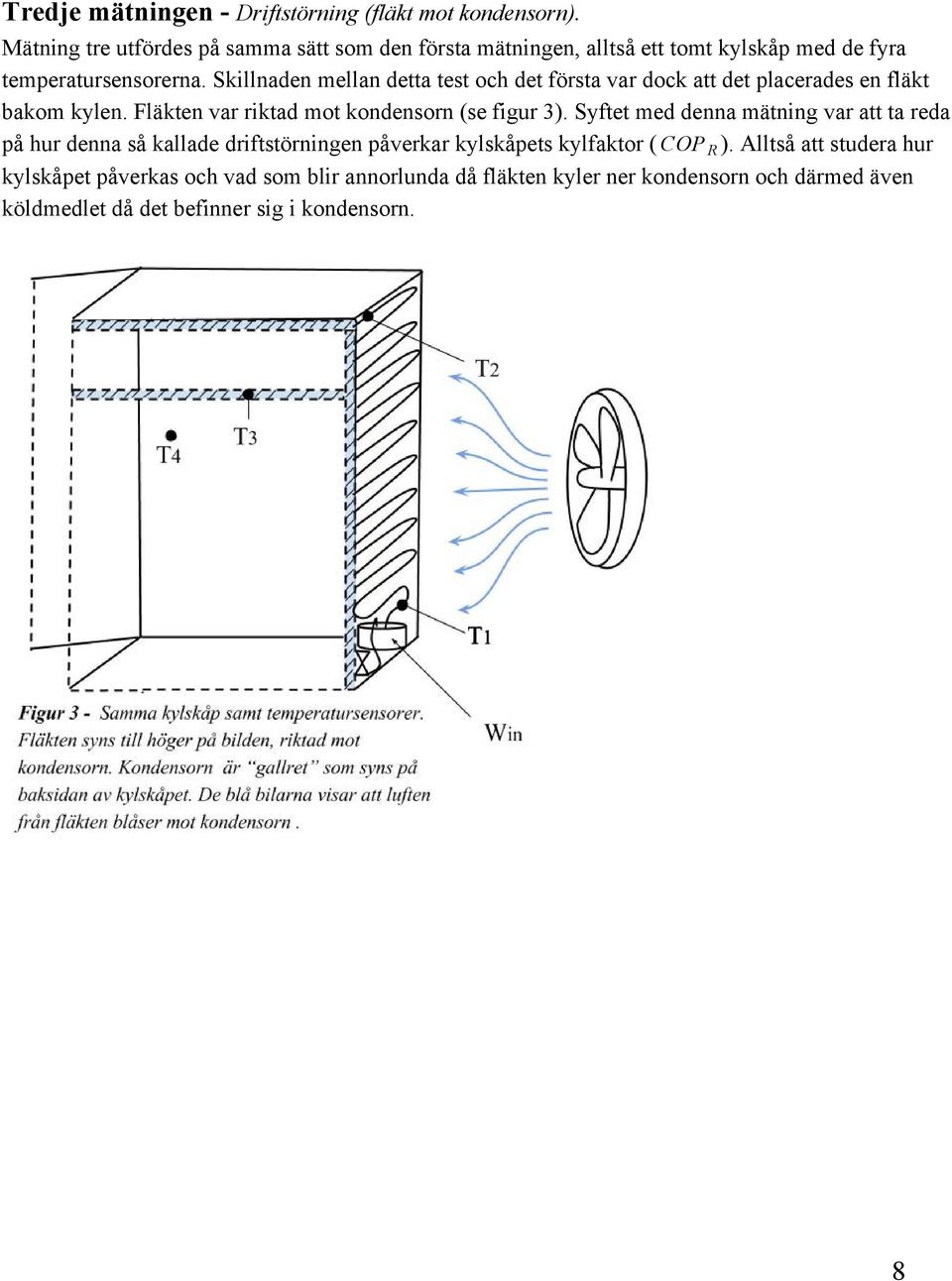 Skillnaden mellan detta test och det första var dock att det placerades en fläkt bakom kylen. Fläkten var riktad mot kondensorn (se figur 3).