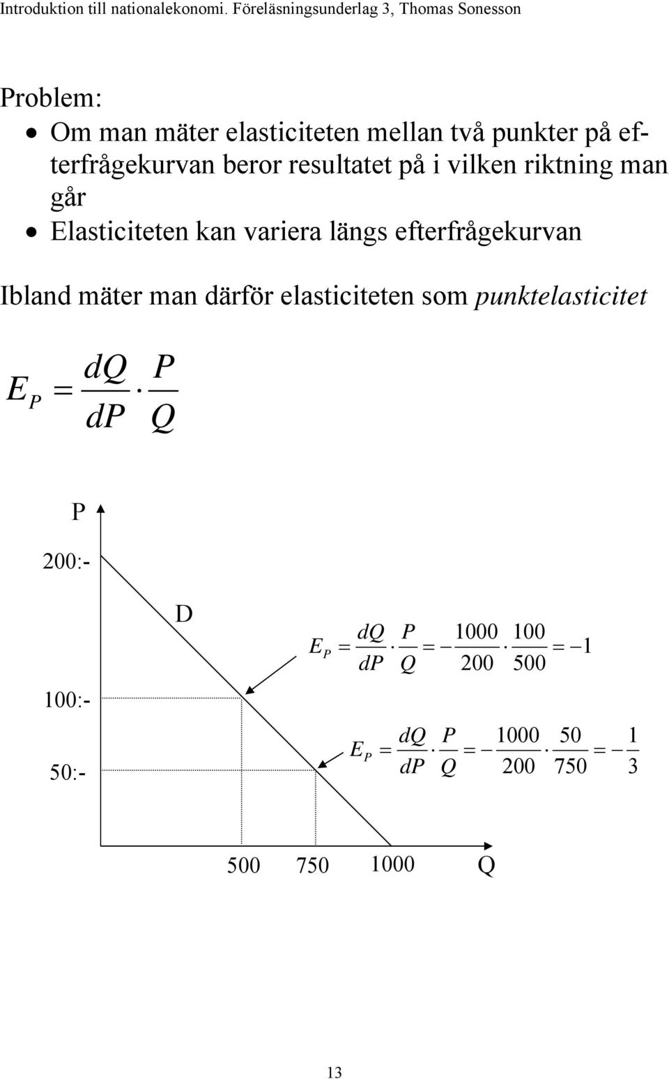 efterfrågekurvan Ibland mäter man därför elasticiteten som punktelasticitet E = d d