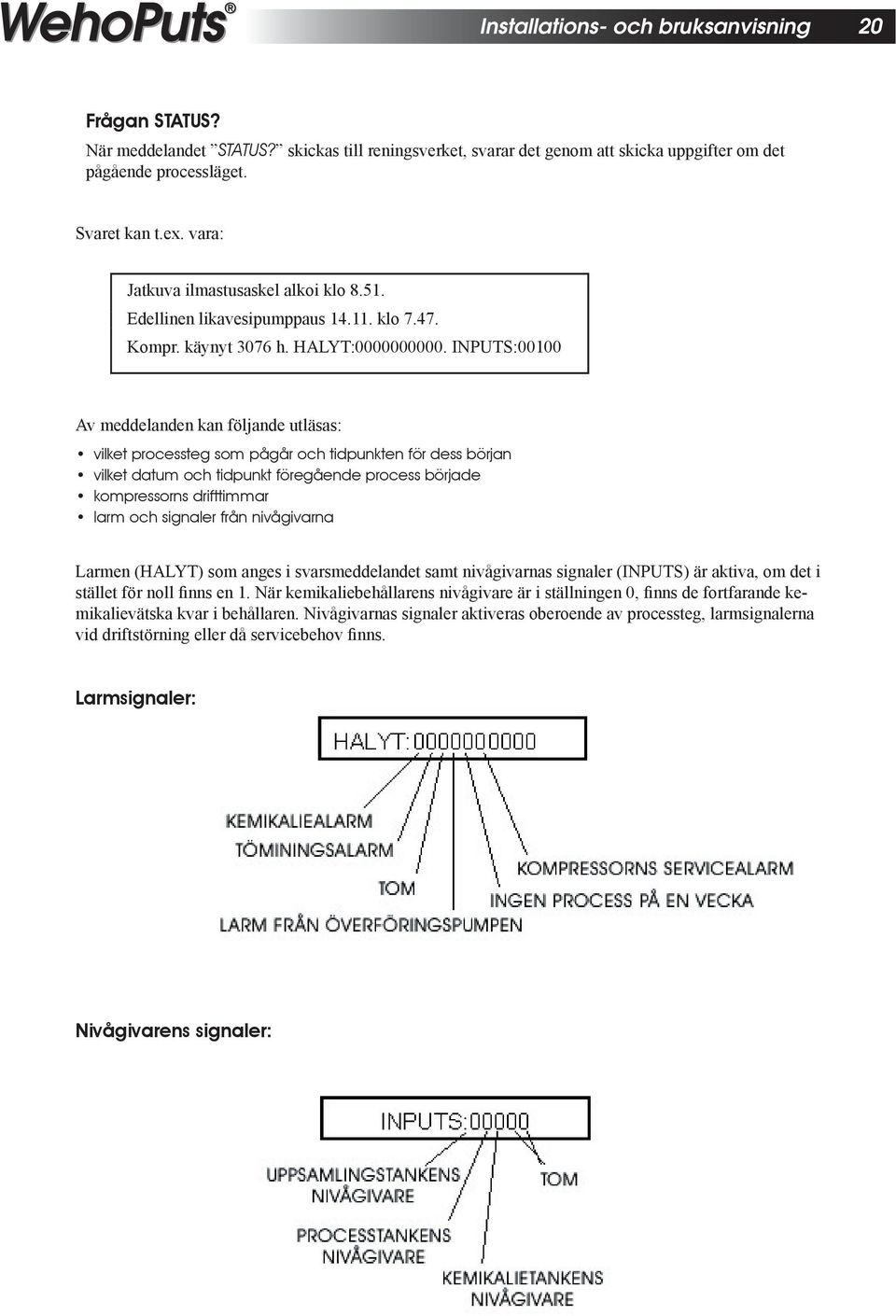 INPUTS:00100 Av meddelanden kan följande utläsas: vilket processteg som pågår och tidpunkten för dess början vilket datum och tidpunkt föregående process började kompressorns drifttimmar larm och