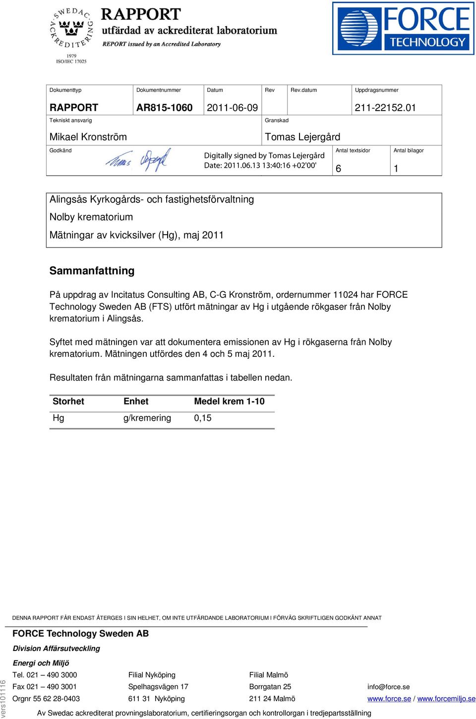 (Hg), maj 2011 Sammanfattning På uppdrag av Incitatus Consulting AB, C-G Kronström, ordernummer 11024 har FORCE Technology Sweden AB (FTS) utfört mätningar av Hg i utgående rökgaser från Nolby
