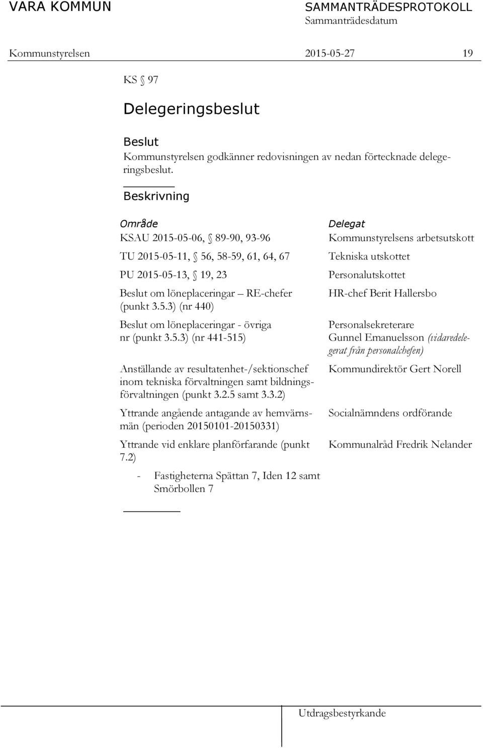 5.3) (nr 441-515) Anställande av resultatenhet-/sektionschef inom tekniska förvaltningen samt bildningsförvaltningen (punkt 3.2.5 samt 3.3.2) Yttrande angående antagande av hemvärnsmän (perioden 20150101-20150331) Yttrande vid enklare planförfarande (punkt 7.