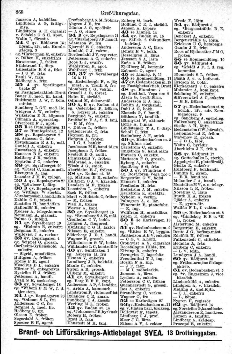 Sperlingens backe 27 egofastighetsaktieb. Drott Bauer E, med. fil. kand. Hultkrantz A W, f. kom. minist. Sundberg L G T, med. lic. Widgren A W, enkefru 'Yijkström E N, köpman Odmann A, operasång.
