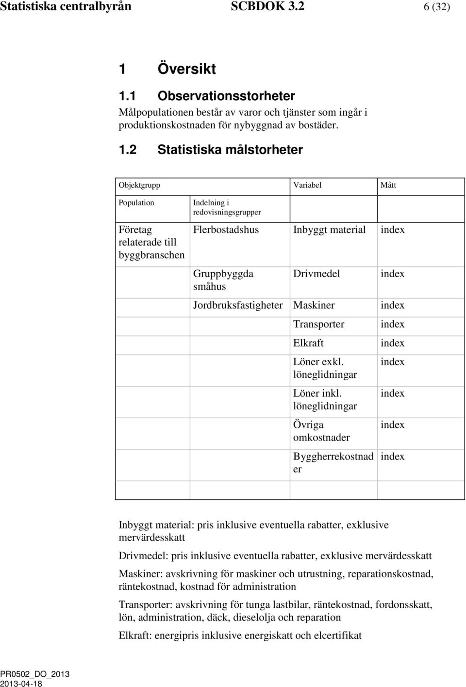 1 Observationsstorheter Målpopulationen består av varor och tjänster som ingår i produktionskostnaden för nybyggnad av bostäder. 1.